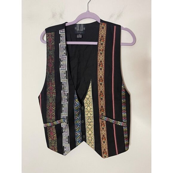D D Designs Vintage Womens Vest Size Small Black Multi Tapestry Metallic Ribbon - Picture 11 of 12